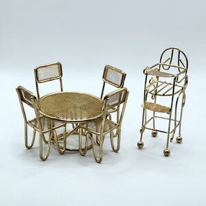 1985 Brass Dining Table Chairs Highchair 5pc Dollhouse Vintage Dining Room Set